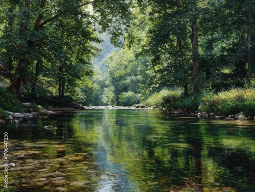 Tranquil forest river flows gently through lush green trees dappled with warm sunlight creating peaceful reflections