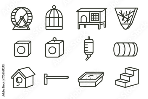 Small Pet Care Icons. Line style icons of small pet care: hamster wheel, birdcage, rabbit hutch, hay feeder; chew block, salt lick