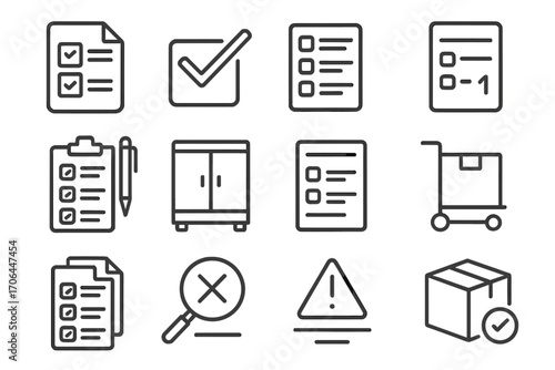 Office Supply Icons. Line style icons of office supplies checklist: checklist paper, ticked box, supplies list, item count;