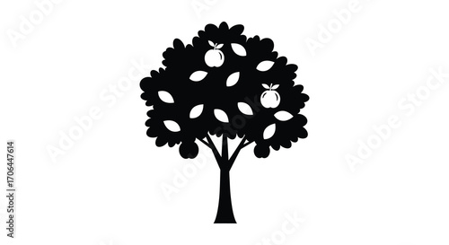 a silhouette tree with fruits hanging from its branches