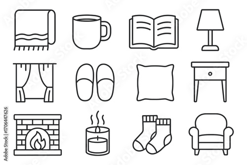 Cozy Home Essentials. Line style icons of cozy home living essentials: blanket, coffee mug, open book, lamp; curtains, slippers,