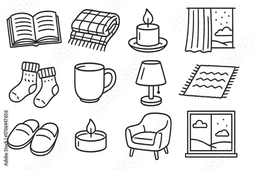 Cozy Evening Icons. Line style icons of slow evening setup: open book, wool blanket, candle, light curtain; fluffy socks, quiet