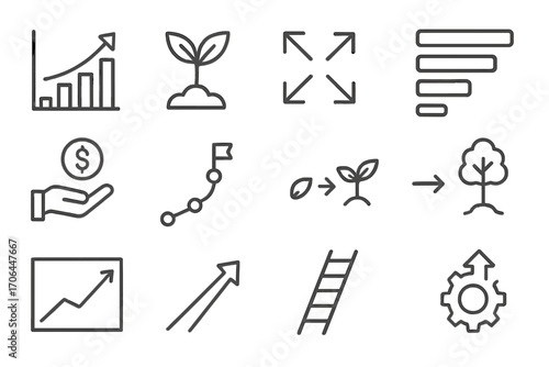 Growth Icons Set. Line style icons of growth and development: upward graph, sprouting plant, expanding arrow, progress bars;