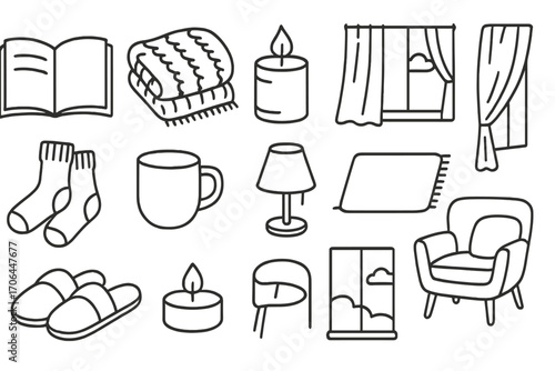 Cozy Evening Icons. Line style icons of slow evening setup: open book, wool blanket, candle, light curtain; fluffy socks, quiet