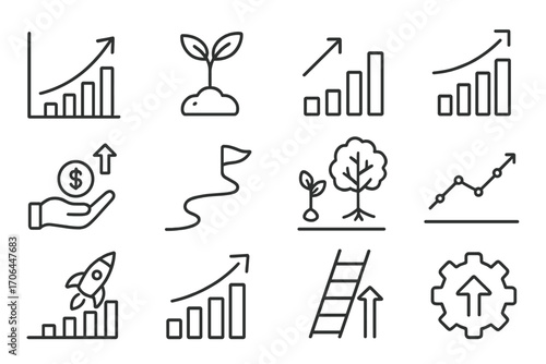 Growth Icons Set. Line style icons of growth and development: upward graph, sprouting plant, expanding arrow, progress bars;