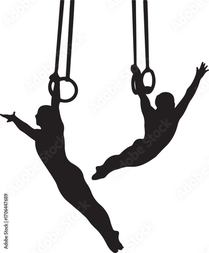 Two black silhouette male gymnasts performing on rings against white background gymnastics athlete