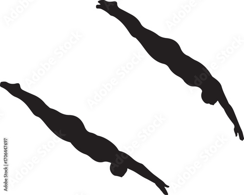 Two black silhouette figures diving downwards diagonally on a white background diver