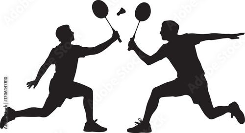 Two male badminton players in silhouette mid-game hitting shuttlecock with rackets sport