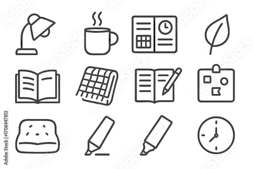 Quiet Workspace Essentials. Line style icons of quiet workspace needs: dim lamp, coffee steam, time planner, fresh leaf; desk