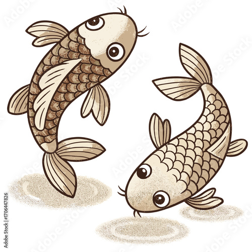 Koi fish swimming playfully in a pond with sandy bottom  