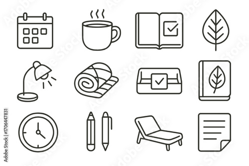 Calm Productivity Icons. Line style icons of calm productivity zone: schedule page, cozy mug, task book, nature leaf; reading