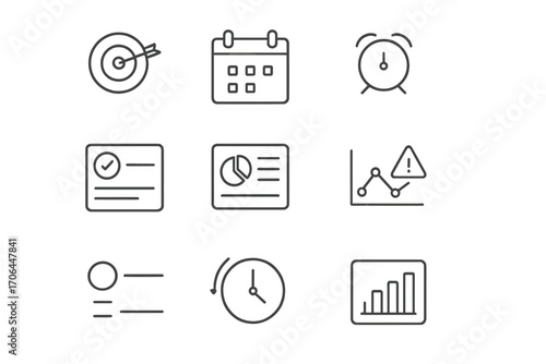Minimalist Dashboard Icons. Line style icons of minimalist dashboard tools: goal widget, calendar block, alarm dot, status box;