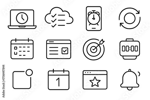 Digital Planning Icons. Line style icons of digital planning: laptop clock, cloud checklist, mobile alarm, sync icon; calendar