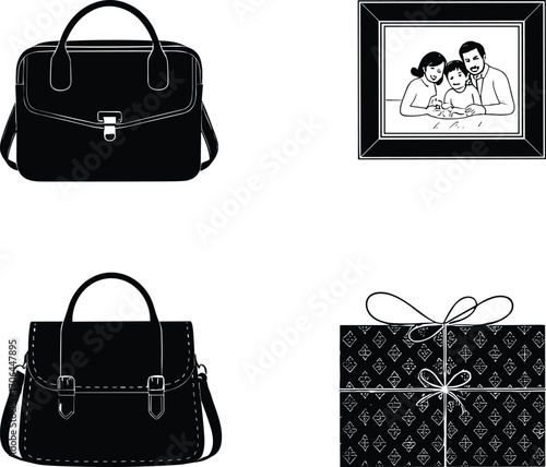 Handbag, briefcase, framed photo, couple portrait, gift box, bow, present, accessories, fashion, love, memory, celebration, romance, style, keepsake, luxury, relationship, surprise, decor, anniversary