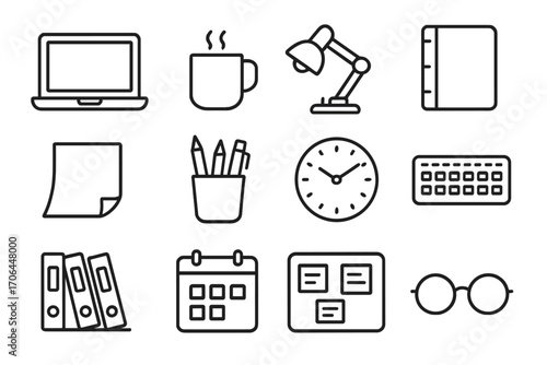 Workspace Tools Icons. Line style icons of functional workspace tools: laptop screen, mug of coffee, desk light, agenda book; memo