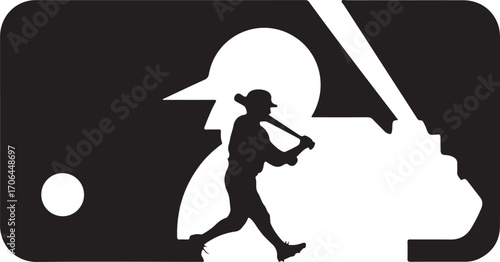 Black silhouette of a baseball player swinging a bat within a stylized baseball logo batter black and white