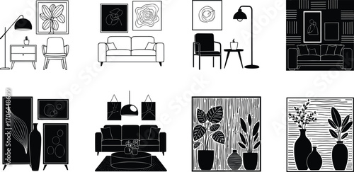 Living room, armchair, sofa, lamp, artwork, plants, vases, mirror, rug, wall decor, home interior, furniture, cozy, stylish, modern, minimal, contemporary, seating, lighting, arrangement
