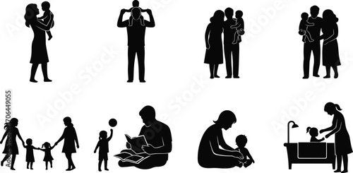 Parenting silhouette icons, family activities, parent and child, playtime, reading, caregiving, bonding, bathing, love, togetherness, childhood, hygiene, vector illustration set