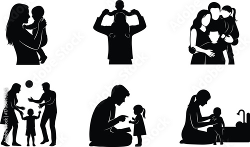 Parenting silhouette icons, family activities, parent and child, playtime, teaching, caregiving, bonding, hygiene, love, togetherness, childhood, vector illustration set