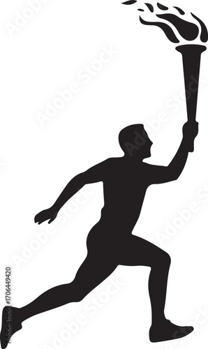 Black silhouette of a runner holding a flaming torch aloft running flame