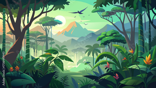 Serene tropical rainforest at dawn, mist weaving through emerald leaves, exotic birds perched silently, evoking untouched natural beauty.
