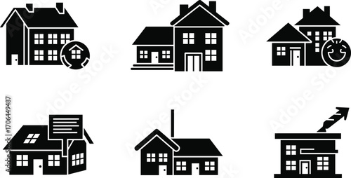 Real estate icons, property investment, multi family housing, home ownership, market trends, communication, suburban house, growth, housing market, vector illustration set