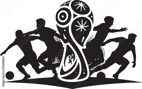 Black silhouette of soccer players around a stylized trophy with abstract patterns football