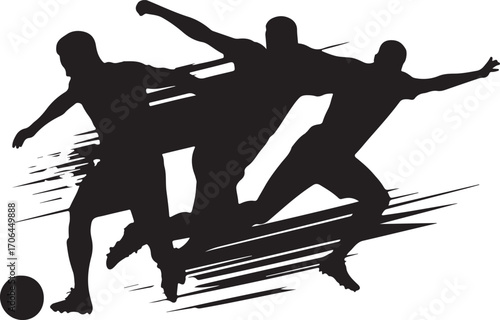 Black silhouette of three soccer players in action with a soccer ball and abstract brush strokes football