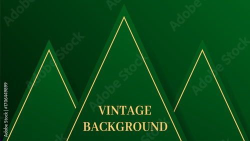 Abstract green background with three 3D triangular shapes, soft shadows, and golden lines. Elegant geometric composition with depth and contrast.	