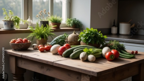 Fresh vegetables on a wooden kitchen table with herbs by the window.