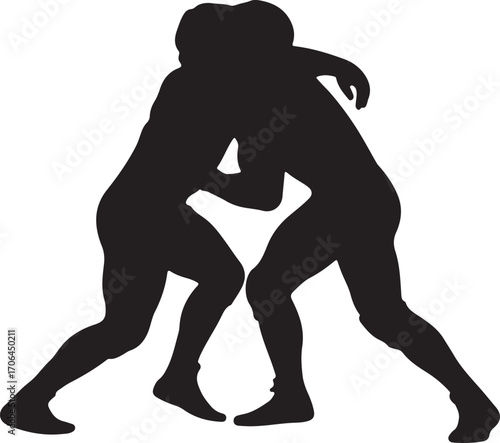 Black silhouette of two wrestlers grappling on white background wrestling sport