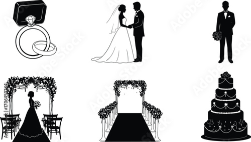 Wedding rings, bride, groom, bouquet, wedding arch, ceremony aisle, wedding cake, marriage, vows, love, romance, celebration, reception, floral, decor, nuptials, couple, anniversary, matrimony, event