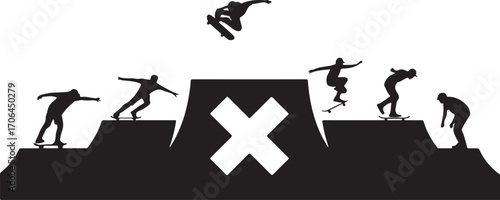 Black silhouettes of skateboarders performing tricks on ramps with a large white X symbol skateboarding
