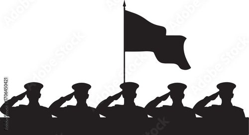 Five black silhouette soldiers in uniform saluting with a flag on a pole military salute