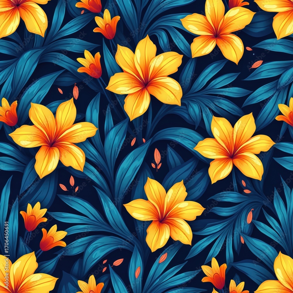Fototapeta premium Vibrant illustration of seamless floral pattern featuring bright yellow flowers with orange centers, rich, dark teal leaves. Decorative design evokes tropical exotic nature, perfect for wallpapers,
