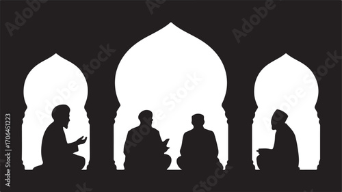 Silhouette of four men sitting in prayer or contemplation within arched openings people