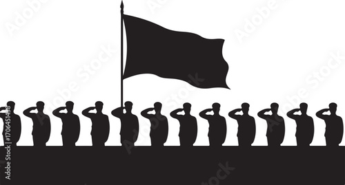 Silhouette of soldiers saluting a waving flag on a white background vector