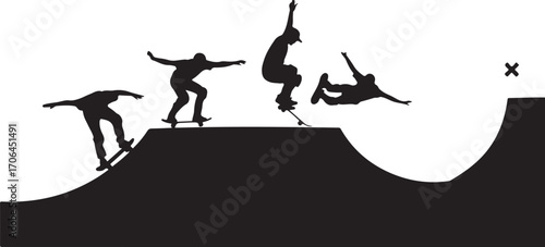 Silhouette sequence of skateboarder performing tricks on ramp skateboarding