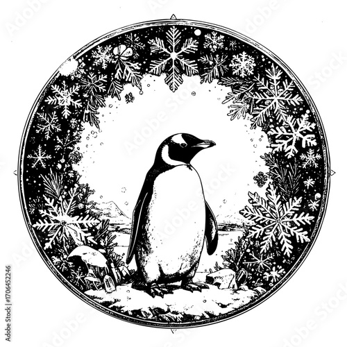 Winter Frame – Penguin and Snowflakes in Copperplate Engraving Style