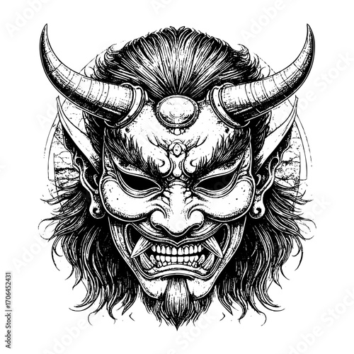 Japanese Oni Mask – Traditional Demon Face in Copperplate Engraving Style