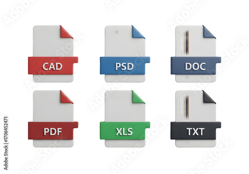 Digital file format icons cad psd doc pdf xls txt representing data types for digital documents and software applications Tansparent Background