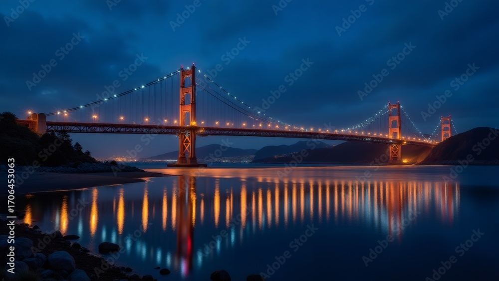 Fototapeta premium Golden Gate Bridge at night, San Francisco, reflecting in calm water.