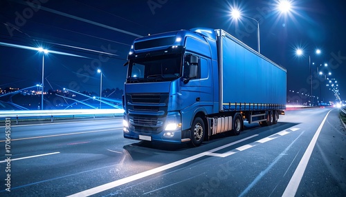 Blue truck on highway at night