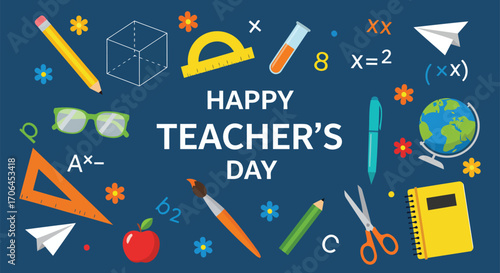 Happy Teacher's Day background a collection of colorful school supply icons flat design vector illustration a template for posters, banners social media posts and greeting cards
