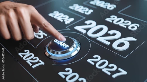 Business person pressing start button for year 2026, business target concept