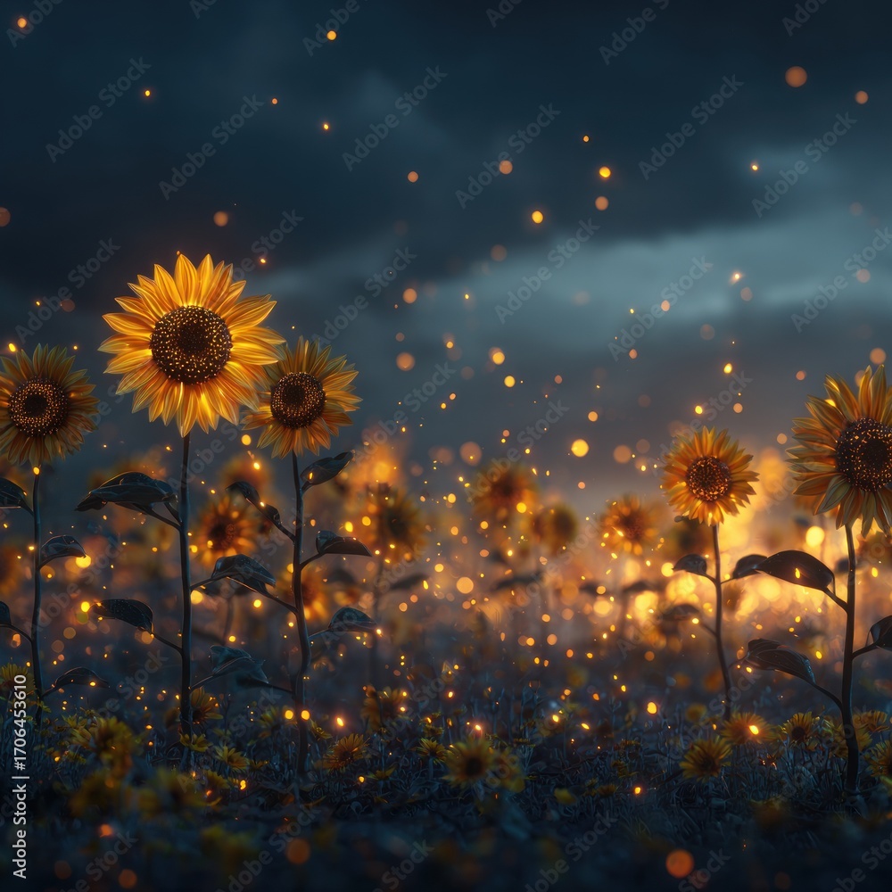 Obraz premium Enchanting sunflower field at twilight with ethereal glowing lights for a magical scene
