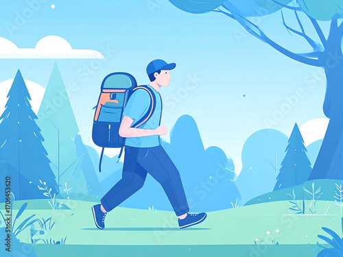 Flat Design Hiker Walking in Forest