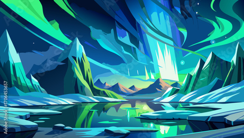 Stunning glacier beneath shimmering northern lights, icy blues and greens dancing across the sky, capturing awe and wonder.