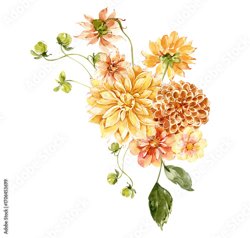 Fotografie Watercolor Hand Painted Dahlias Floral Bouquet, Composition with Green Leaves, F