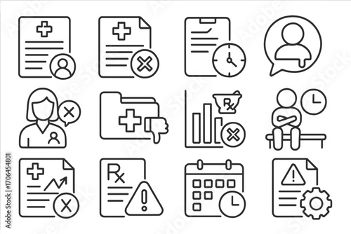 Medical Icons Set. Line style icons of medical complaints: hospital service report, misdiagnosis icon, delayed care form,